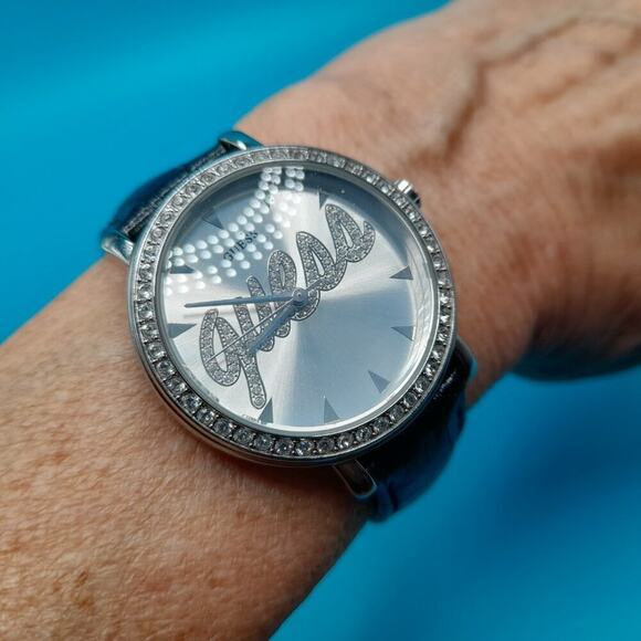 GUESS Wristwatch Logo Dial Rhinestones, Black Leather Strap, G76072L, 9 Inches - Picture 11 of 11